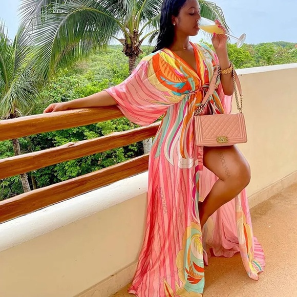 #208 LAST 1! Multicolor Button Pattern Vacation Flowy Bohemian Resort Maxi Dress - Picture 4 of 4